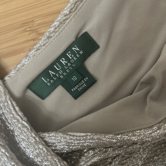 Lauren Ralph Lauren Metallic Silver Faux Wrap Sheath Dress Ruched Bodycon Sz 10 - Picture 3 of 8